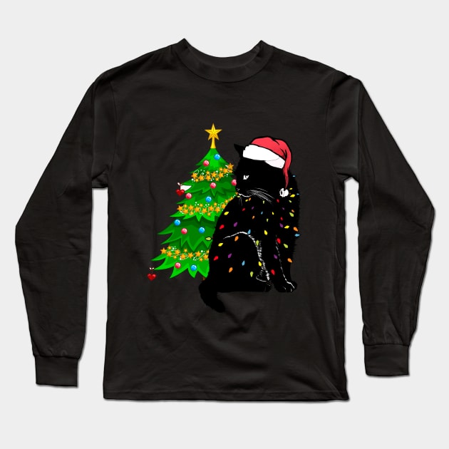 Black Cat christmas light tshirt funny cat lover christmas Long Sleeve T-Shirt by Ghani Store